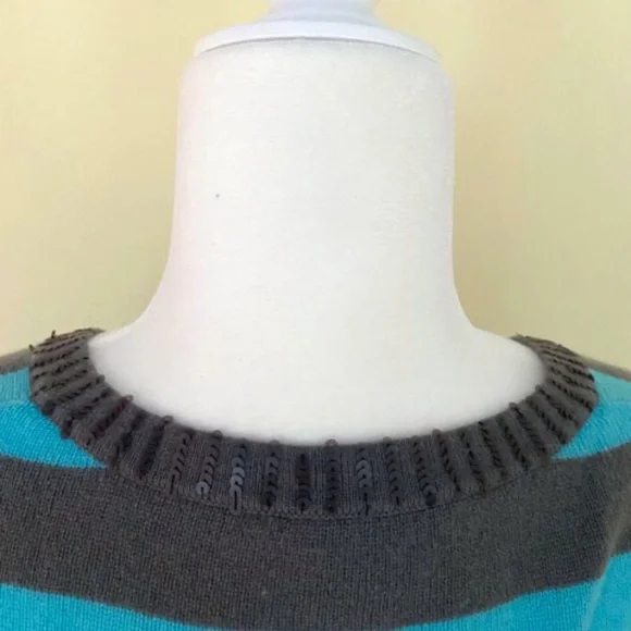 Autumn Cashmere 100% Stripe Beaded Long Sleeve Tunic Sweater Turquoise Gray - Picture 7 of 10